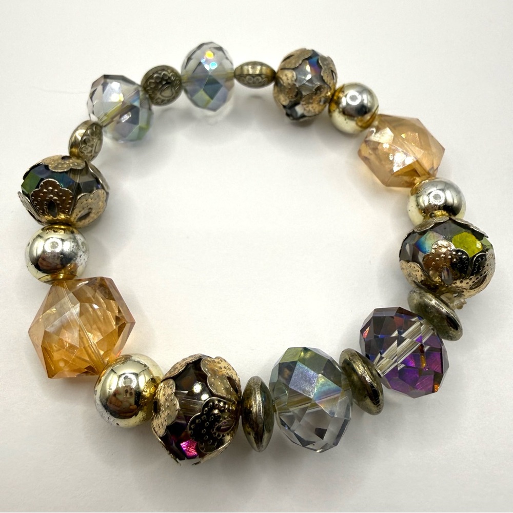 Vintage Stretch Bracelet Glass Beads Aurora Borealis Amber Gold Tone